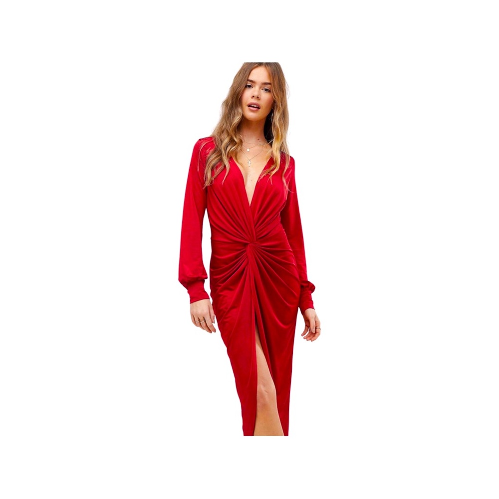 TWIST FRONT PLUNGE MIDI DRESS